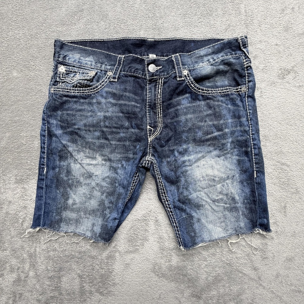 True Religion Shorts Mens Measured 40x9‎ Blue Bermuda Denim Distressed Pockets